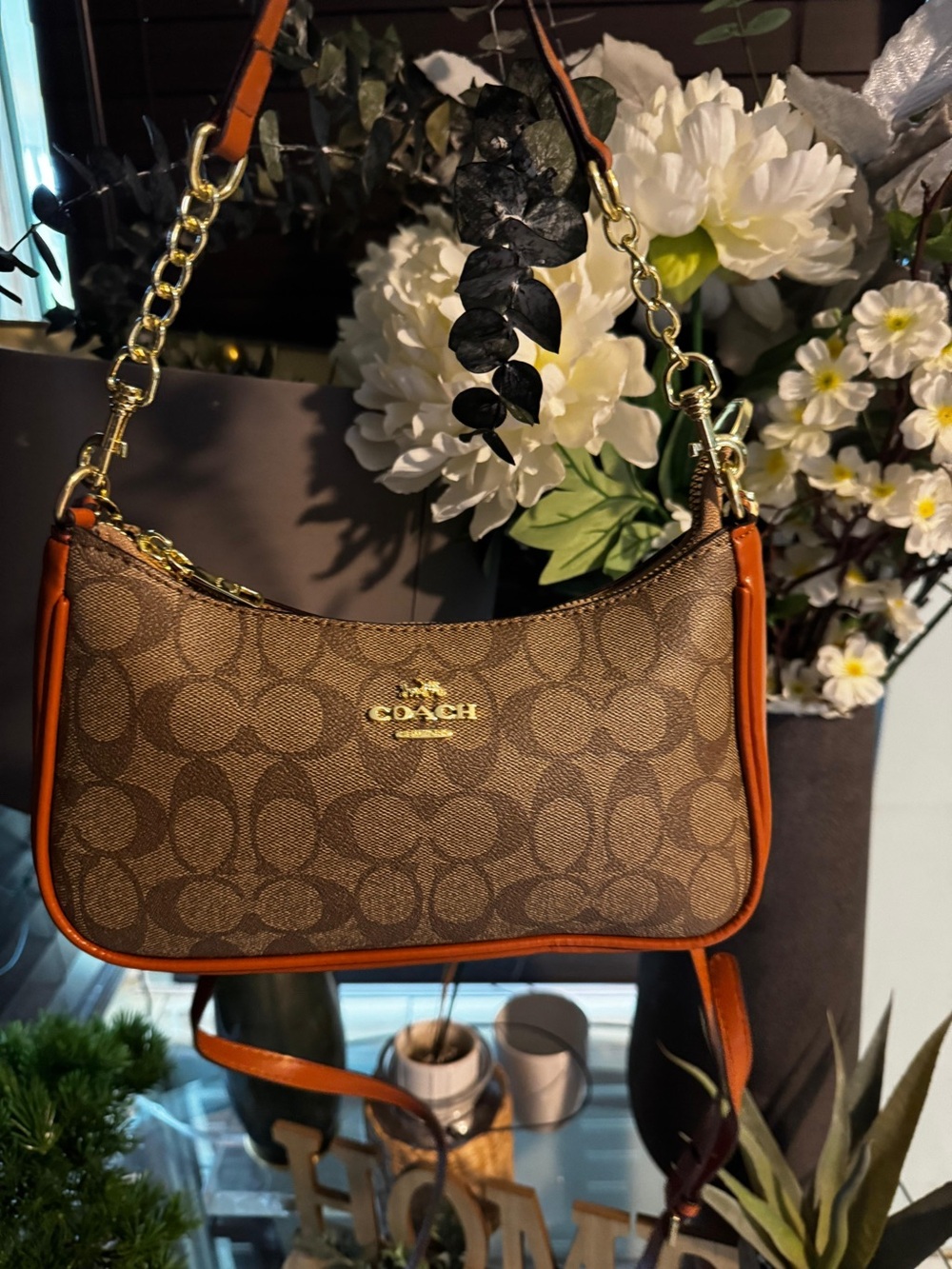 Coach Brown Signature Canvas Shoulder Bag with Orange Trim and Gold Hardware